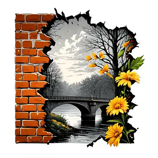 brick wall being torn with November birth flower and with picture of bridge river woods sky  tattoo design idea