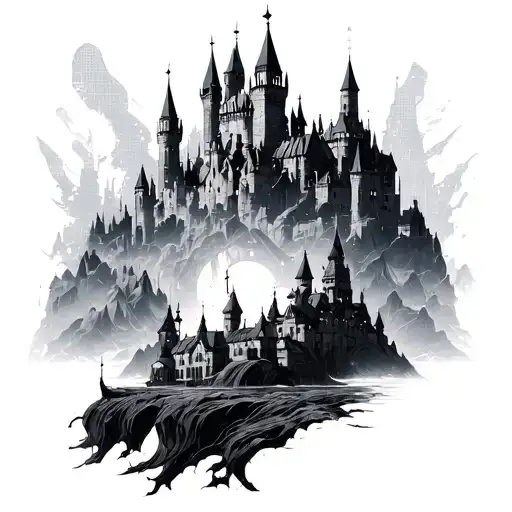 cyber sigilism dark castle tattoo design idea