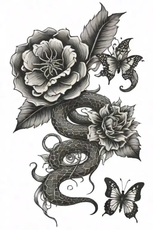 Snake flowers spiders and butterflies surrounding tattoo design idea