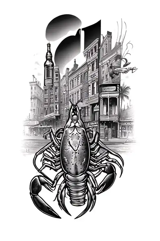 New Orleans theme sleeve tattoo, including bourbon Street the Superdome crawfish New Orleans Saints The West Bank tattoo design idea