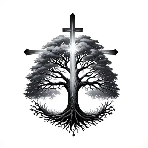 tree of life with light cross tattoo design idea
