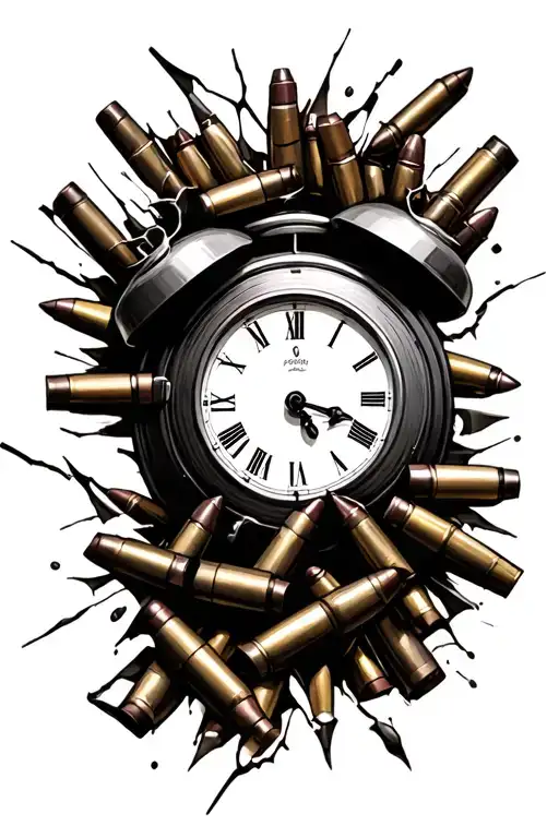 broken clock with shotgun shells tattoo design idea