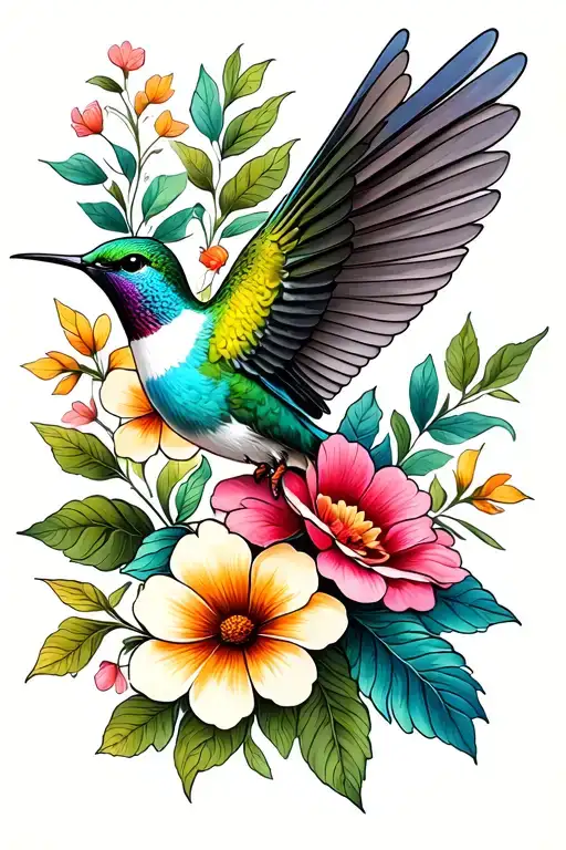 humming bird with flowers tattoo design idea