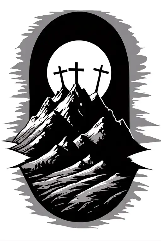 mountain with three crosses on it with sun in background  tattoo design idea