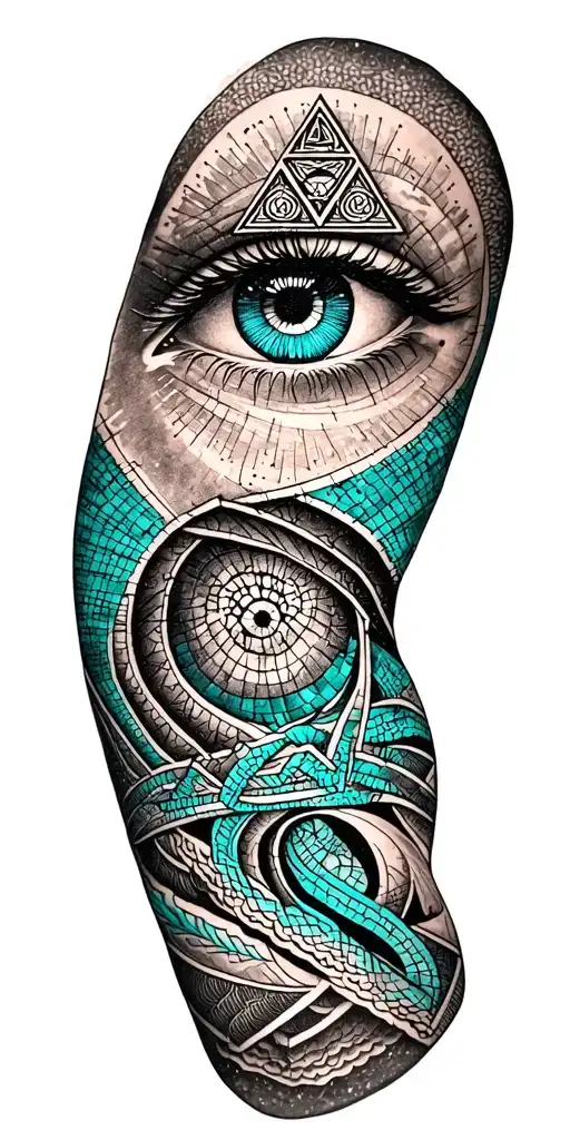 A unique tattoo featuring a combination of geometric patterns and the Illuminati eye, in shades of teal and black tattoo design idea