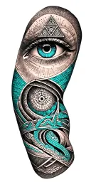 A unique tattoo featuring a combination of geometric patterns and the Illuminati eye, in shades of teal and black tattoo design idea