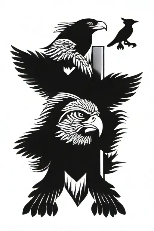 totem pole with r,salmon,raven,beaver and thunder bird tattoo design idea