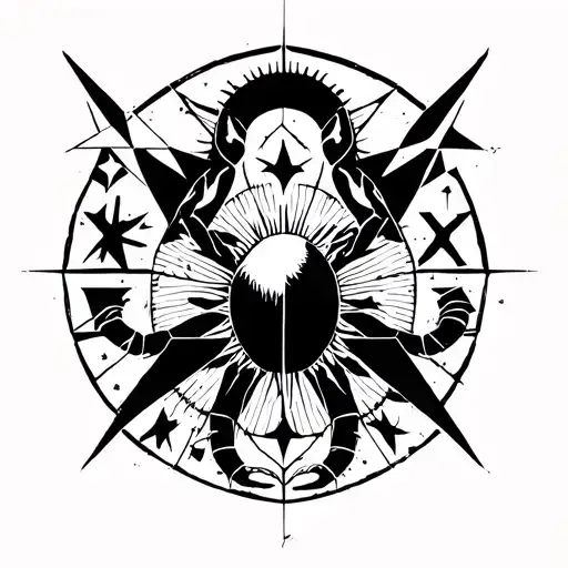 A geometric tattoo that has a sun, a star, a scorpion, a capricorn tattoo design idea