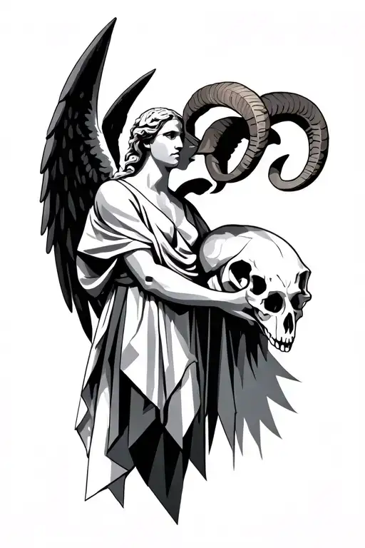 geometric Greek angel holding ram skull tattoo design idea