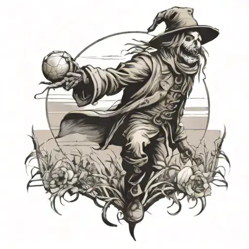 scarecrow in a field looking, figurehead on a ship, snowman tattoo design idea