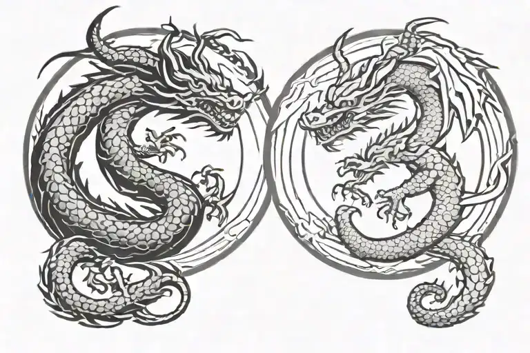 two japaneese dragons one evil, second kind between them sphere tattoo design idea