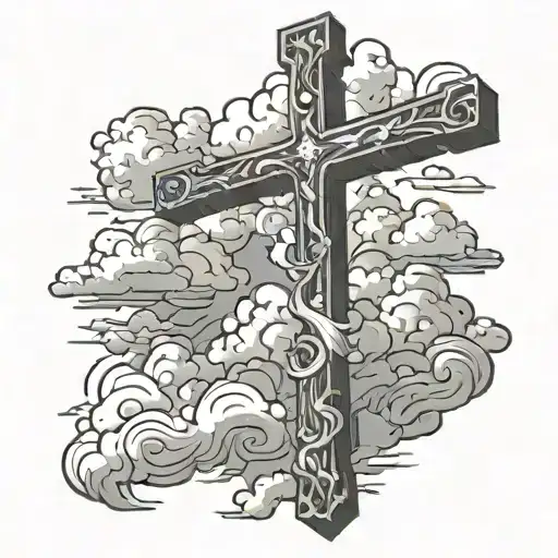 christian, cross, heaven, clouds surrounding tattoo design idea