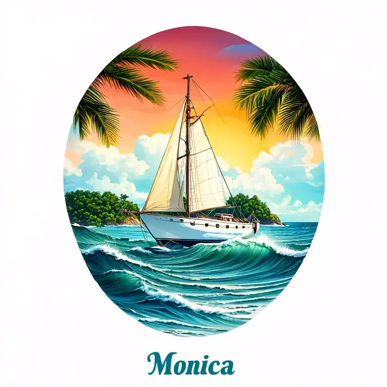 "Monica" white sailboat, ocean waves, small island background, sunrise tattoo design idea