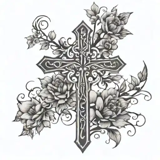 fine line cross with flowers and tribal roots  tattoo design idea
