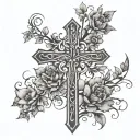 fine line cross with flowers and tribal roots  tattoo design idea