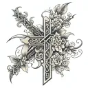 fine line cross with flowers and tribal roots  tattoo design idea