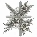 fine line cross with flowers and tribal roots  tattoo design idea