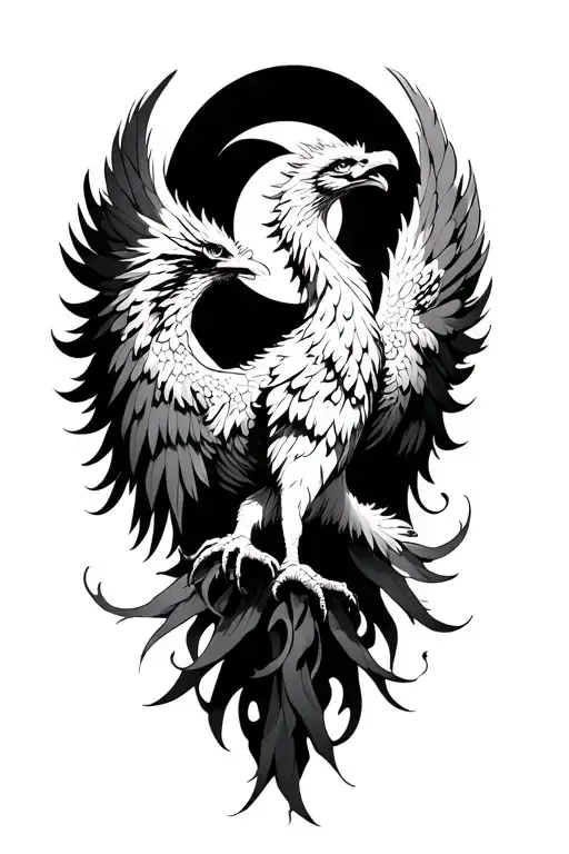 Phoenix rising with moon in background black and white tattoo design idea