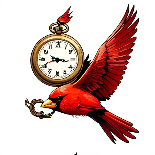 red flying cardinal holding a pocket watch  tattoo design idea