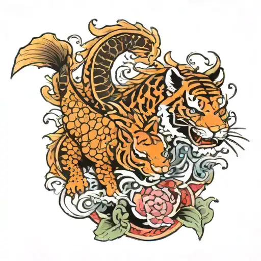Japanese style tiger koi fish and dragon tattoo design idea
