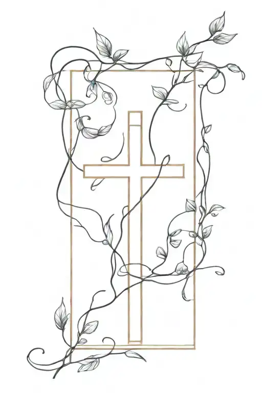 cross with vines wrapped with the name Lora  tattoo design idea