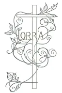 cross with vines wrapped with the name Lora  tattoo design idea