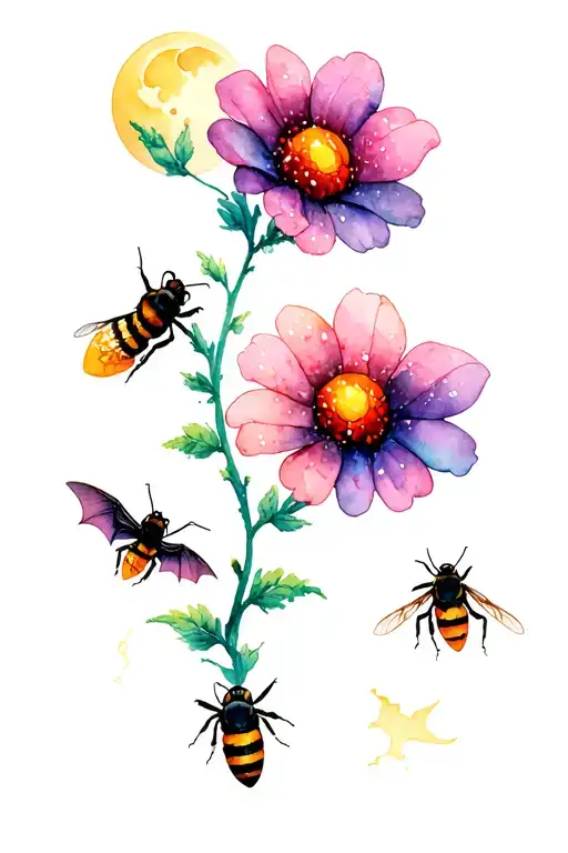 flowers and lightning bugs,  moon and a bee. with space to hide things like a seek and find like a bat, skull tattoo design idea