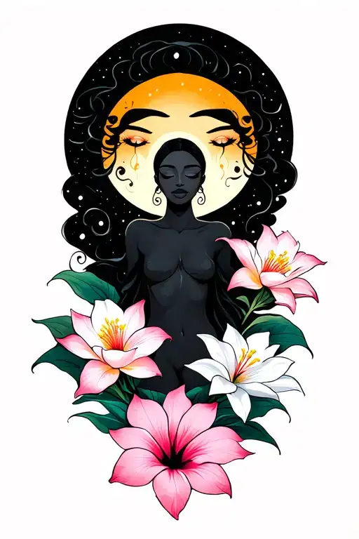 Lotus, White/ Pink Lily, Hibiscus, Moon that is crying, Black Women, Sun with eyes closed tattoo design idea