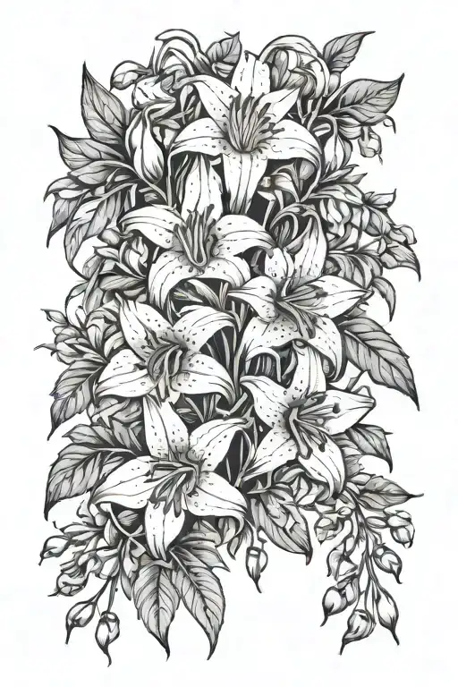 Lillies and bleeding hearts tattoo design idea
