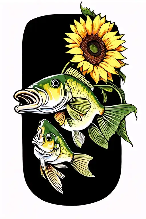 Bass fish with sunflower tattoo design idea
