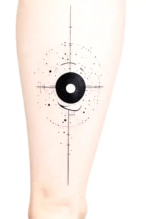 black hole  event horizon in background on calf tattoo tattoo design idea