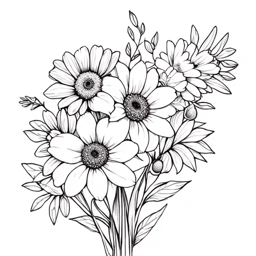 daffodil, poppy, gerbera, carnation, kowhai, pohutukawa, sunflower, cherry blossom, short gerbera bouquet tattoo design idea