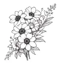 daffodil, poppy, gerbera, carnation, kowhai, pohutukawa, sunflower, cherry blossom, short gerbera bouquet tattoo design idea