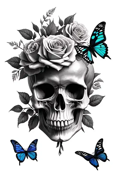 Skull and Roses with butterflys and native american skull tattoo design idea