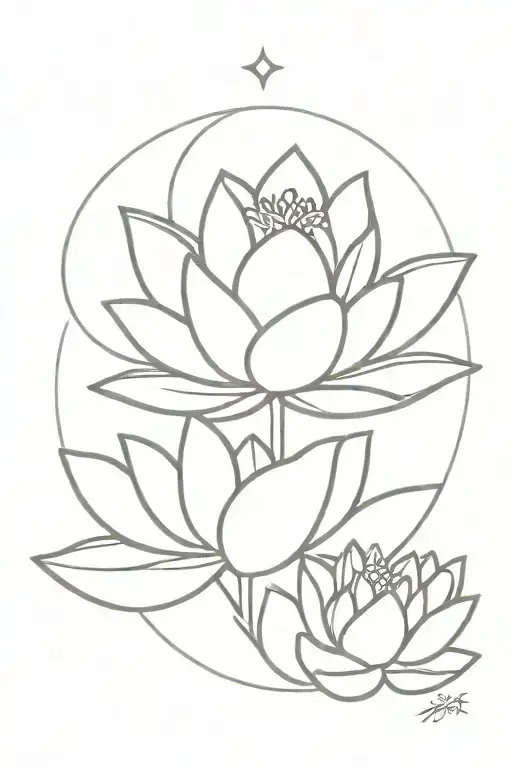 Lotus flower, sun, moon, starts, fine line tattoo tattoo design idea