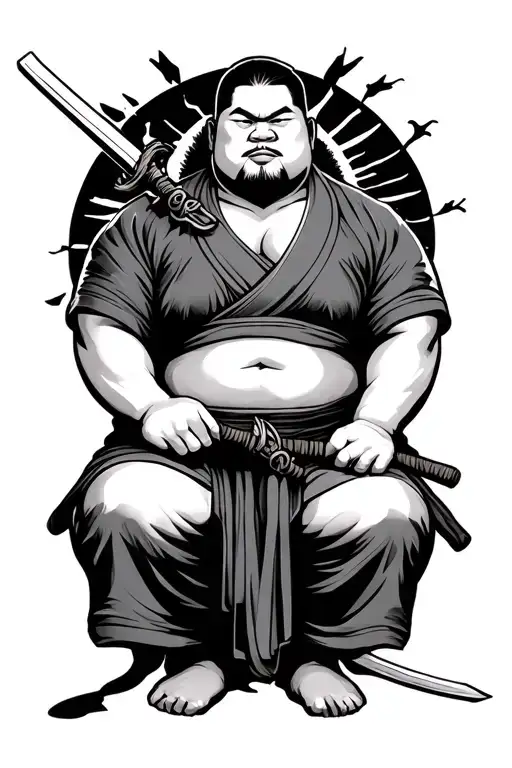 japanese sumo man sitting with a sword tattoo design idea