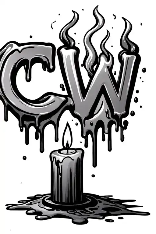 candle dripping wax a bit cartoony style, the flame is out and it's smoking and in the smoke it has the letters CW tattoo design idea