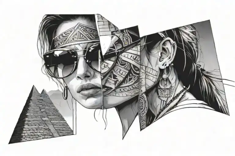 focal point of a woman's sunglasses on her face with a reflection of hieroglyphs. the horizon behind is pyramids tattoo design idea