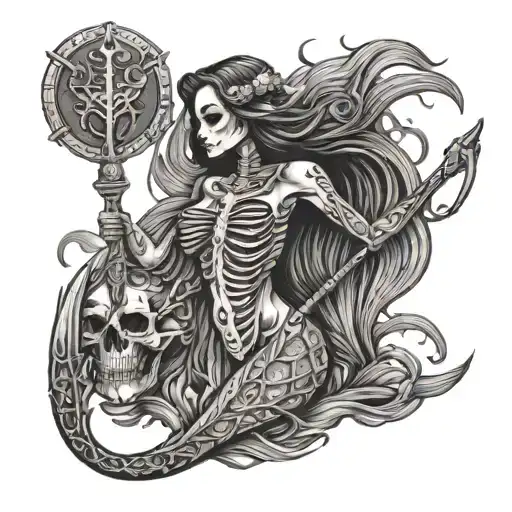 skeleton mermaid holding a trident tattoo design idea