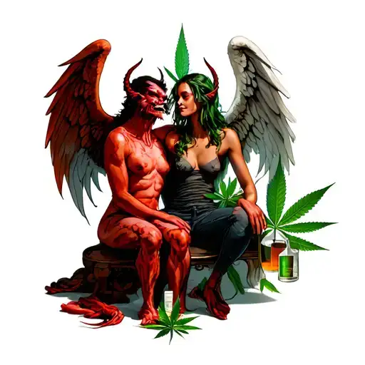 demon and angel sitting with alcohol and weed leaf morphing tattoo design idea
