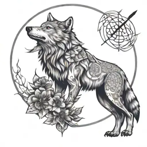 wolf, full moon, The symbol of the flower of life, arrow, Symbols of the Hun Empire tattoo design idea