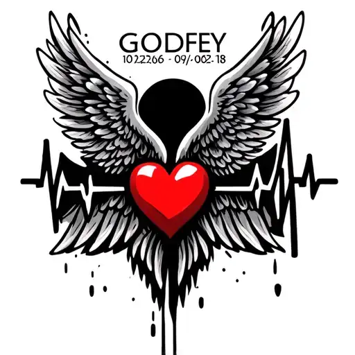 "10/22/66-09/02/18 Godfrey" Angel Wings With Heart beats lines tattoo design idea