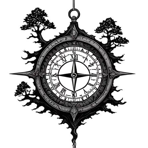 single tree with a clock and compass behind tattoo design idea