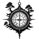 single tree with a clock and compass behind tattoo design idea