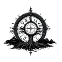 single tree with a clock and compass behind tattoo design idea