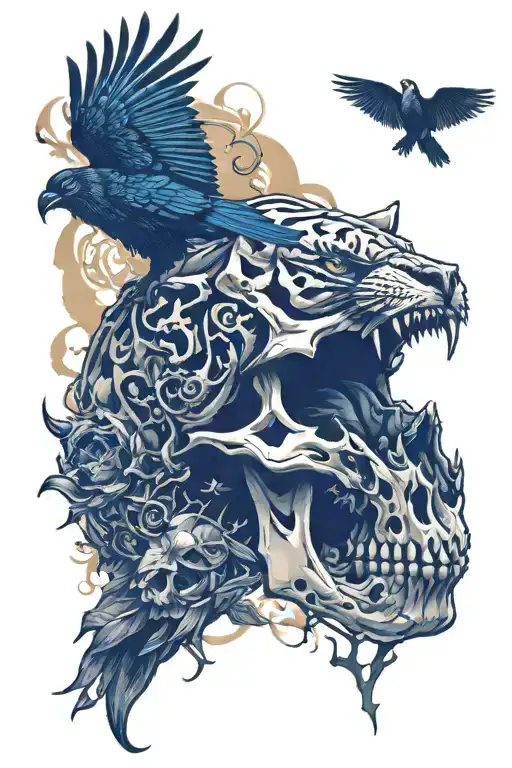 tiger and raven skull tattoo design idea
