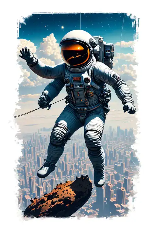 astronaut leaping from crumbling planet grasping for the tether. space city and mile high city stitched in suit. tattoo design idea