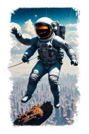 astronaut leaping from crumbling planet grasping for the tether. space city and mile high city stitched in suit. tattoo design idea
