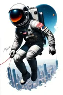 astronaut leaping from crumbling planet grasping for the tether. space city and mile high city stitched in suit. tattoo design idea