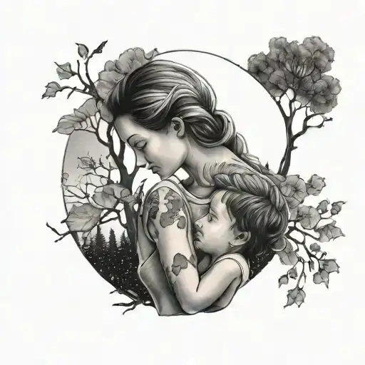 Mom holding daughter, in the background a tree and night sky tattoo design idea